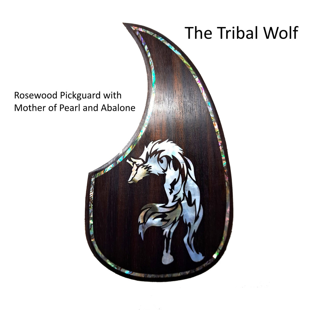 Custom Acoustic & Electric Guitar Pickguard Solid Rosewood Mother of Pearl Tribal Wolf