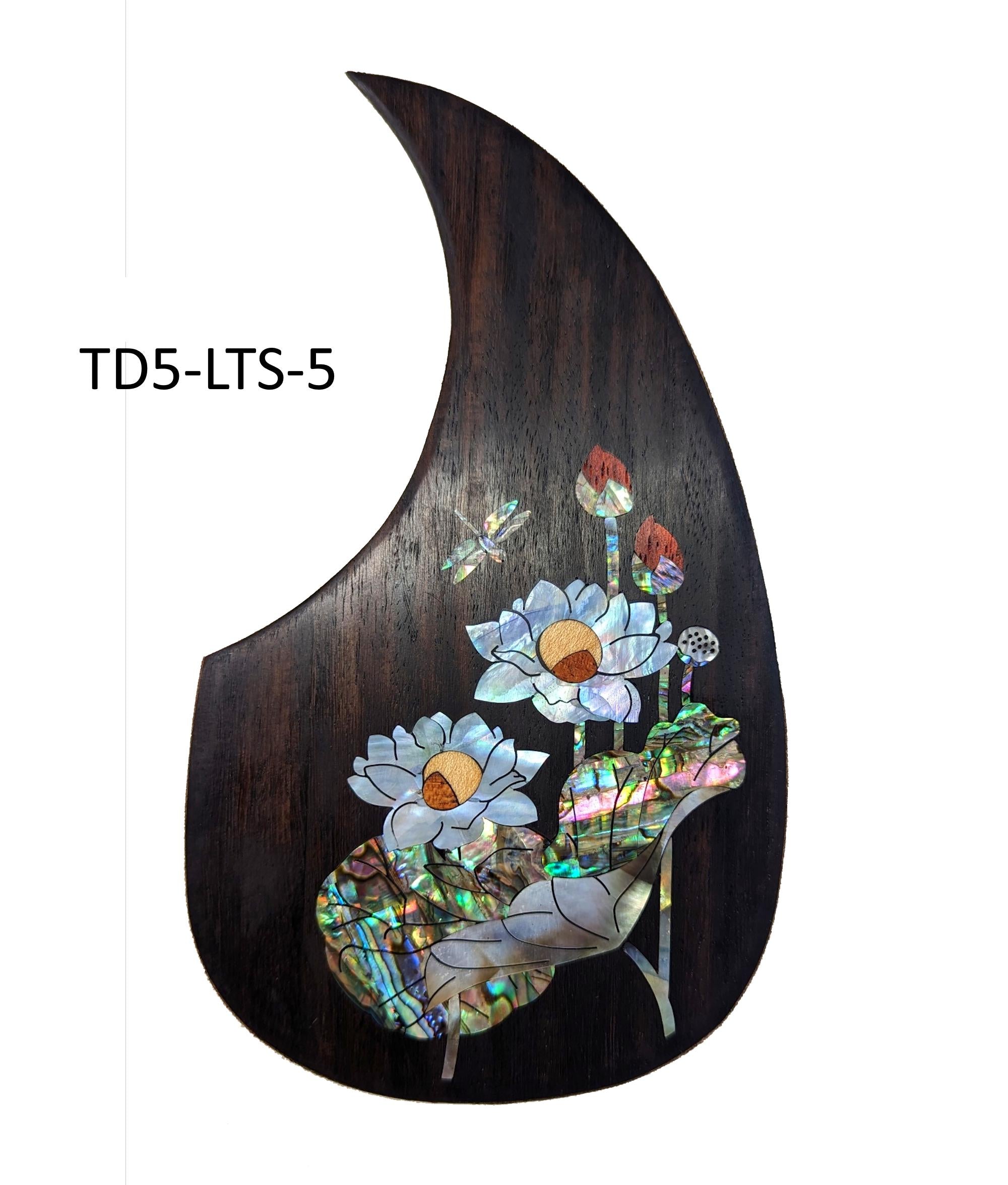 Rosewood Guitar Pickguard: Lotus-Dragonfly Abalone Inlay, Free Mount