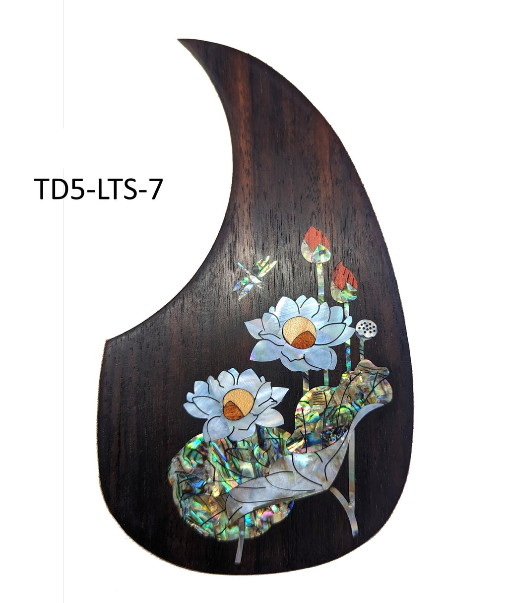 Rosewood Guitar Pickguard: Lotus-Dragonfly Abalone Inlay, Free Mount