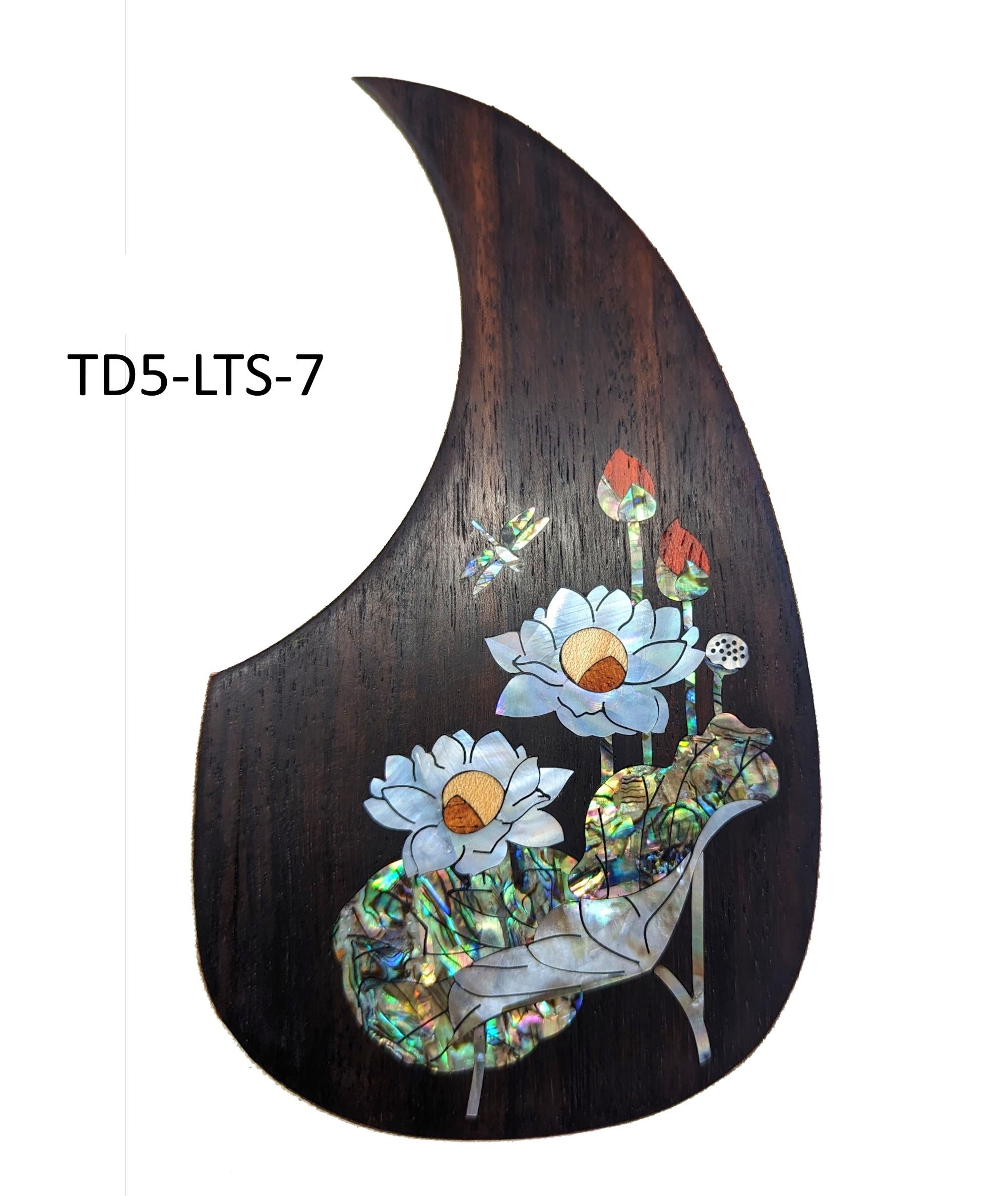 Rosewood Guitar Pickguard: Lotus-Dragonfly Abalone Inlay, Free Mount