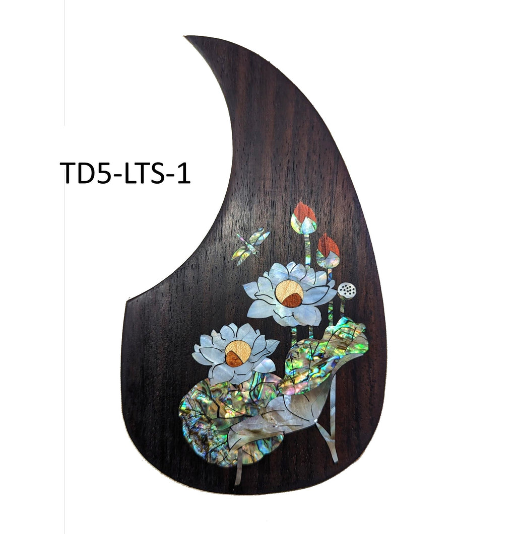 Rosewood Guitar Pickguard: Lotus-Dragonfly Abalone Inlay, Free Mount