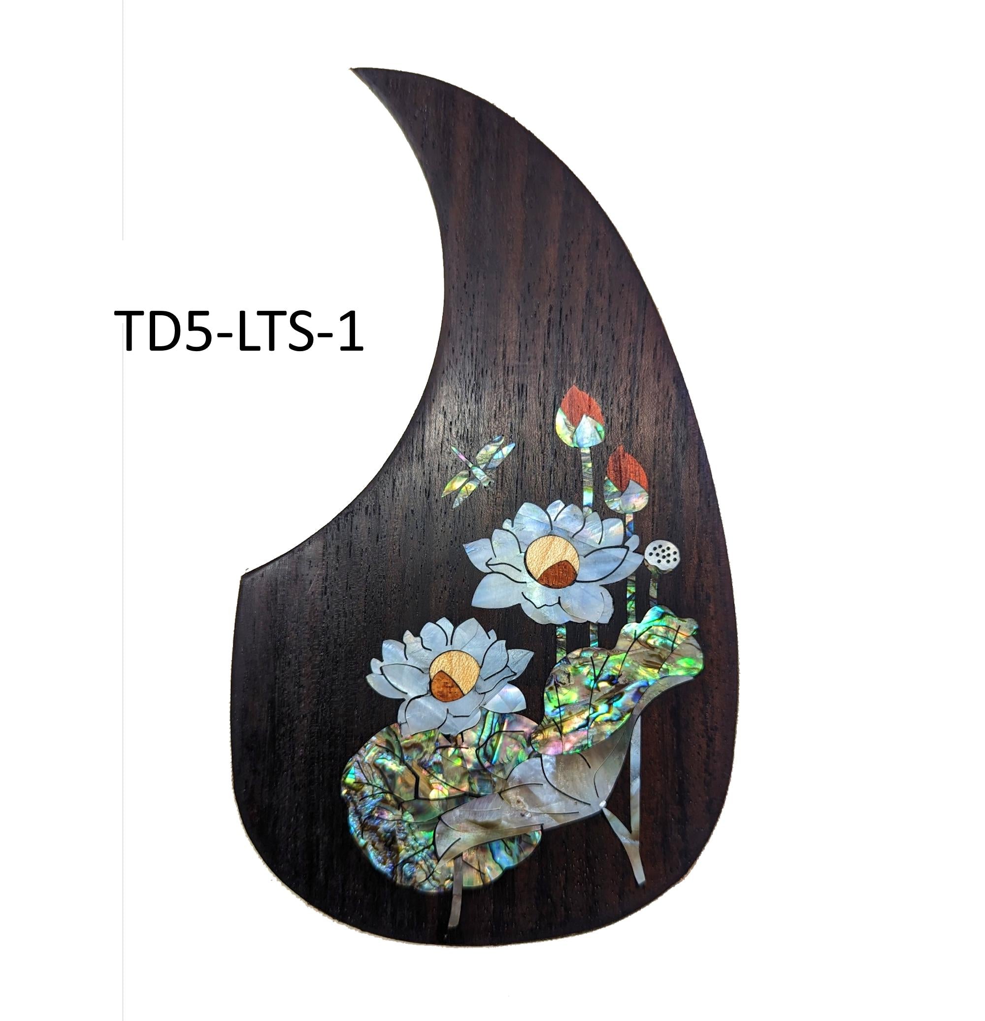Rosewood Guitar Pickguard: Lotus-Dragonfly Abalone Inlay, Free Mount