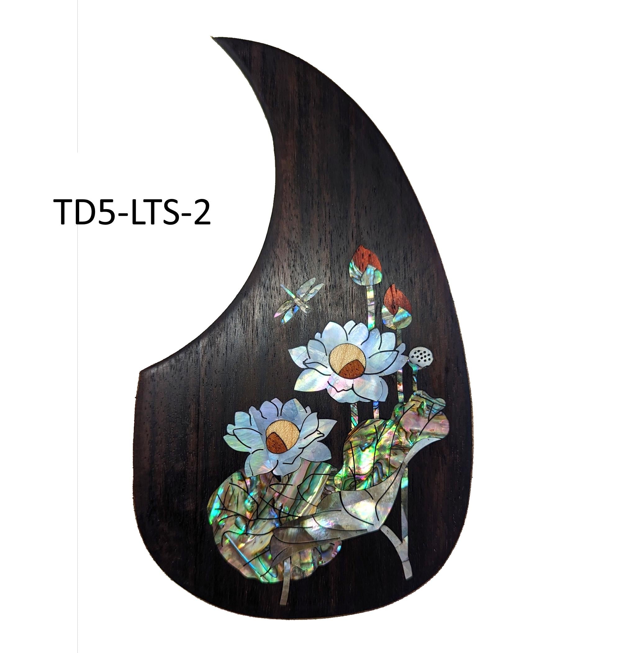 Rosewood Guitar Pickguard: Lotus-Dragonfly Abalone Inlay, Free Mount