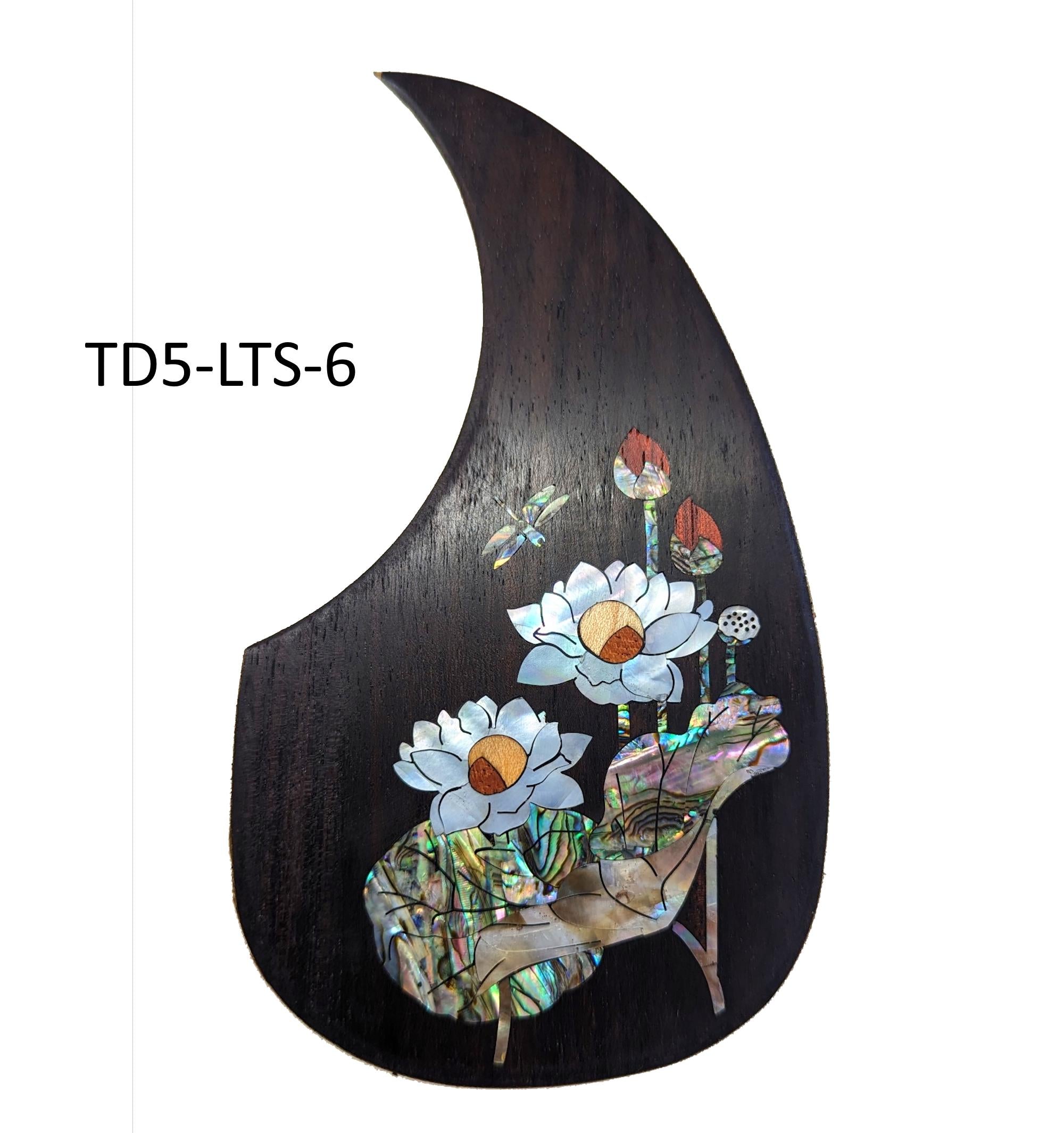 Rosewood Guitar Pickguard: Lotus-Dragonfly Abalone Inlay, Free Mount