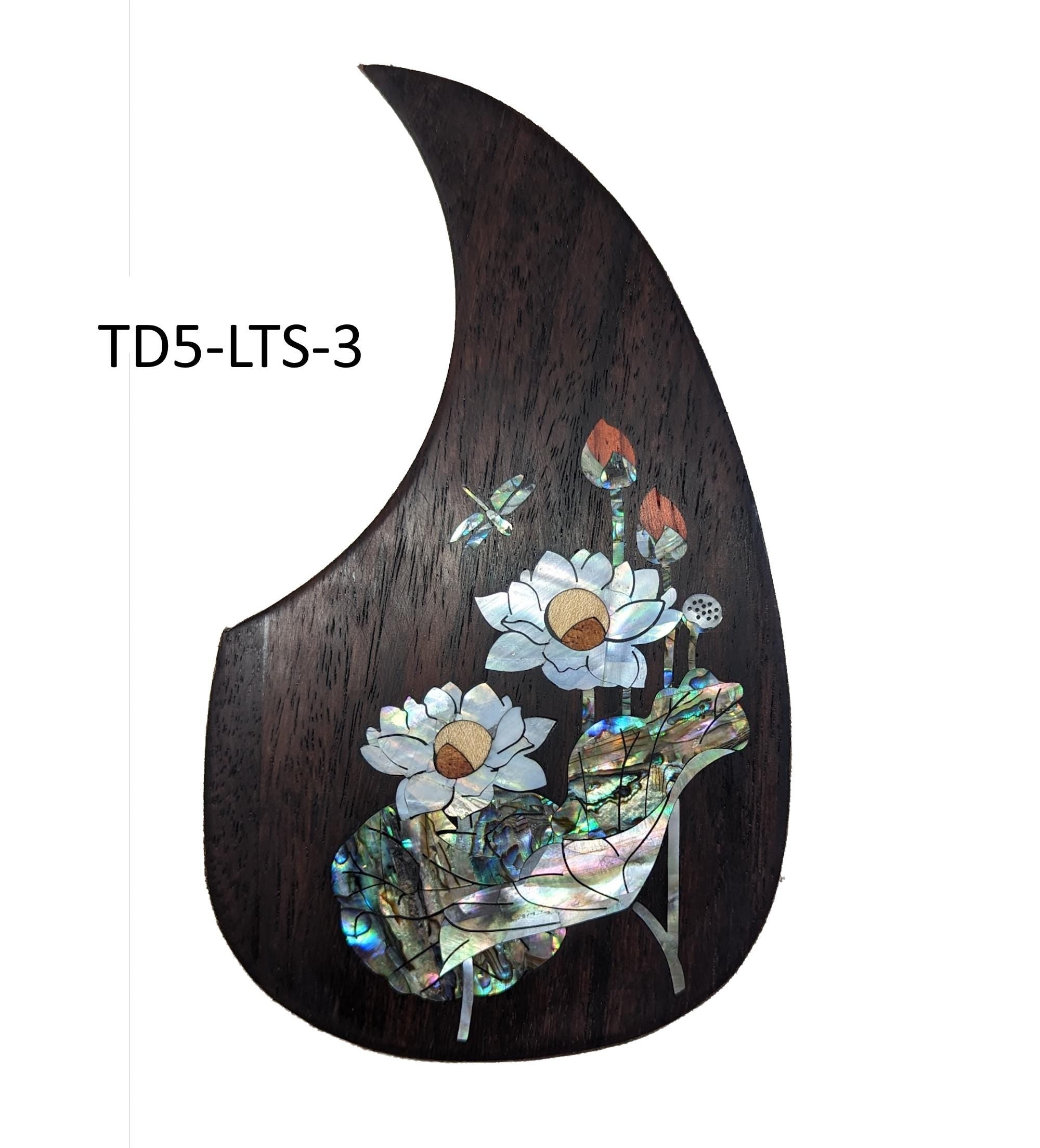 Rosewood Guitar Pickguard: Lotus-Dragonfly Abalone Inlay, Free Mount