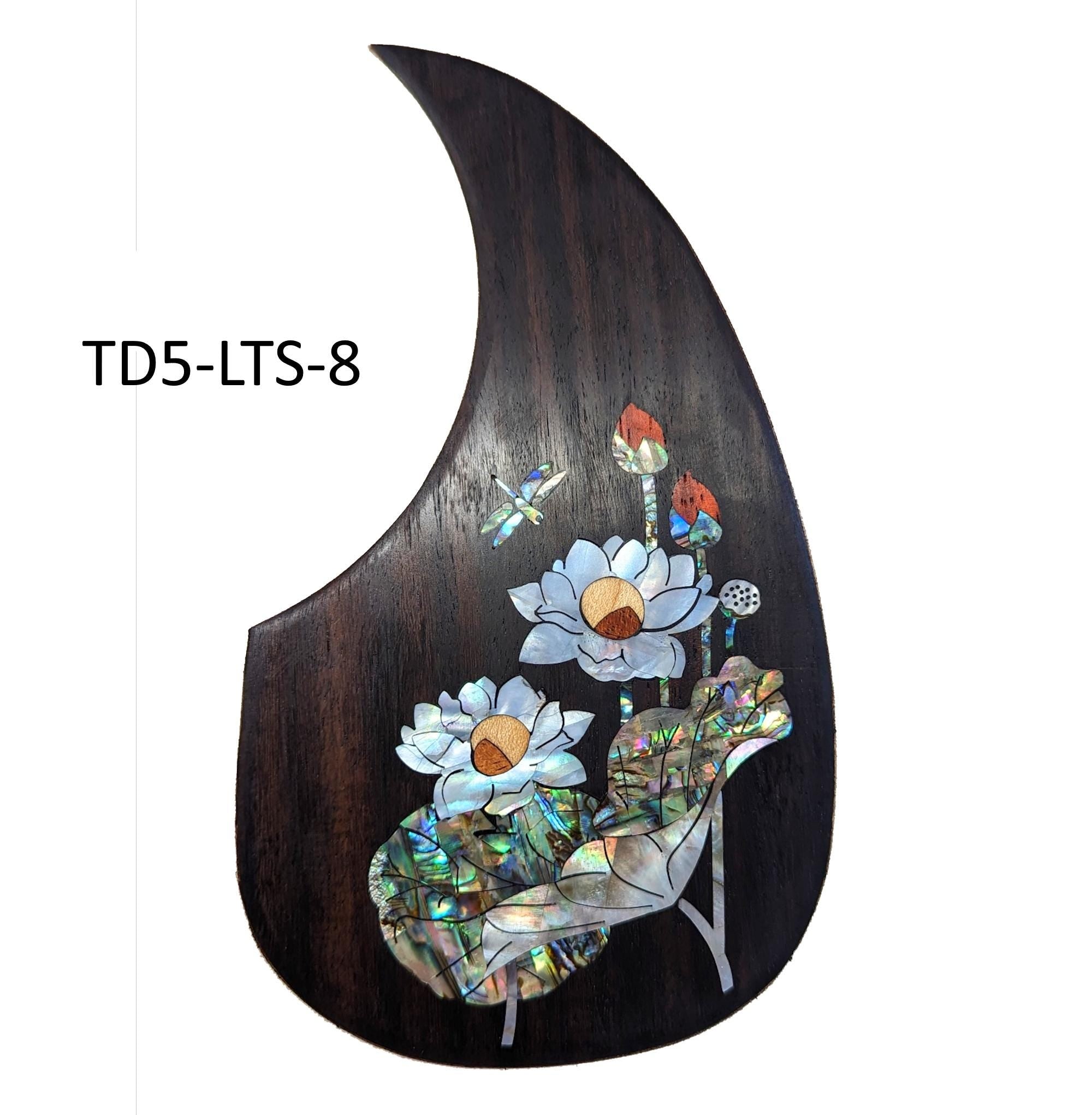 Rosewood Guitar Pickguard: Lotus-Dragonfly Abalone Inlay, Free Mount