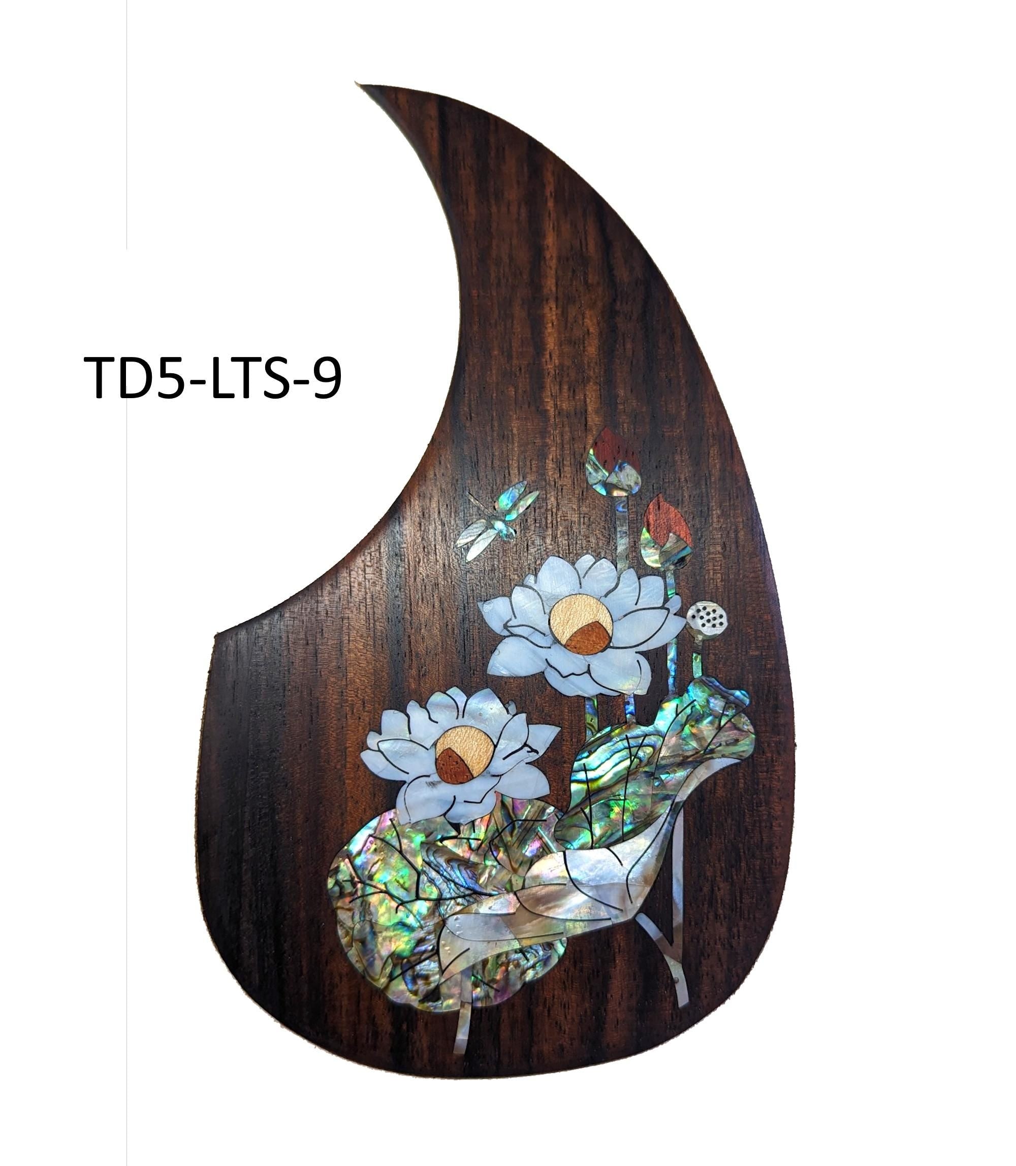 Rosewood Guitar Pickguard: Lotus-Dragonfly Abalone Inlay, Free Mount