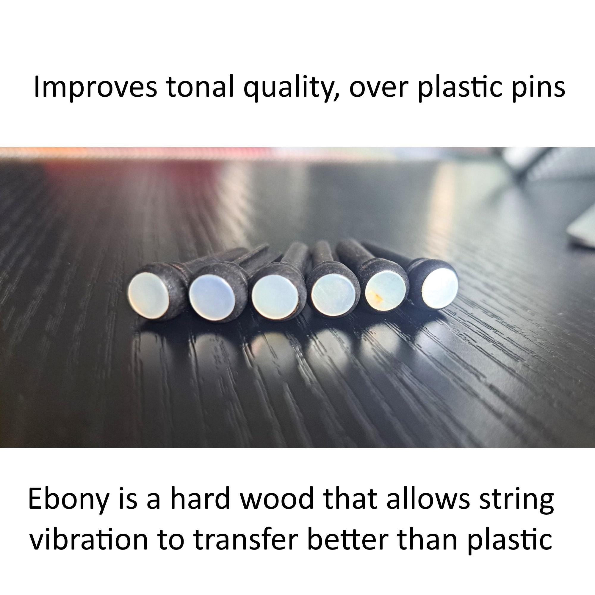 Ebony Bridge Pin Set Mother of Pearl Inlay, Acoustic Guitar Upgrade Hardware, Natural Wood