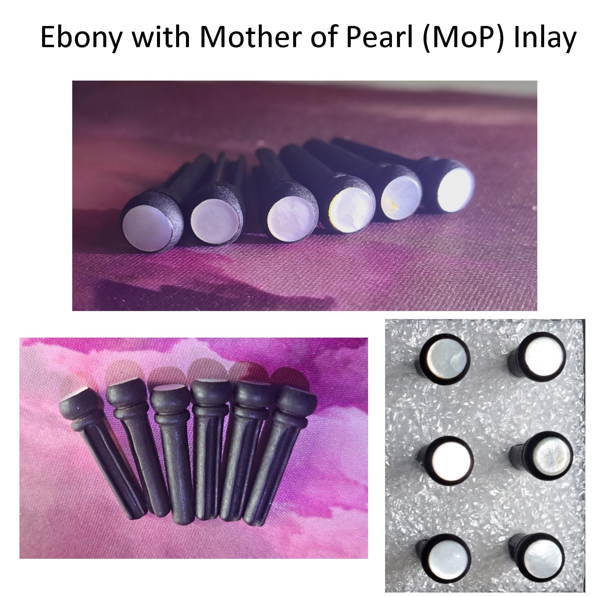 Ebony Bridge Pin Set Mother of Pearl Inlay, Acoustic Guitar Upgrade Hardware, Natural Wood