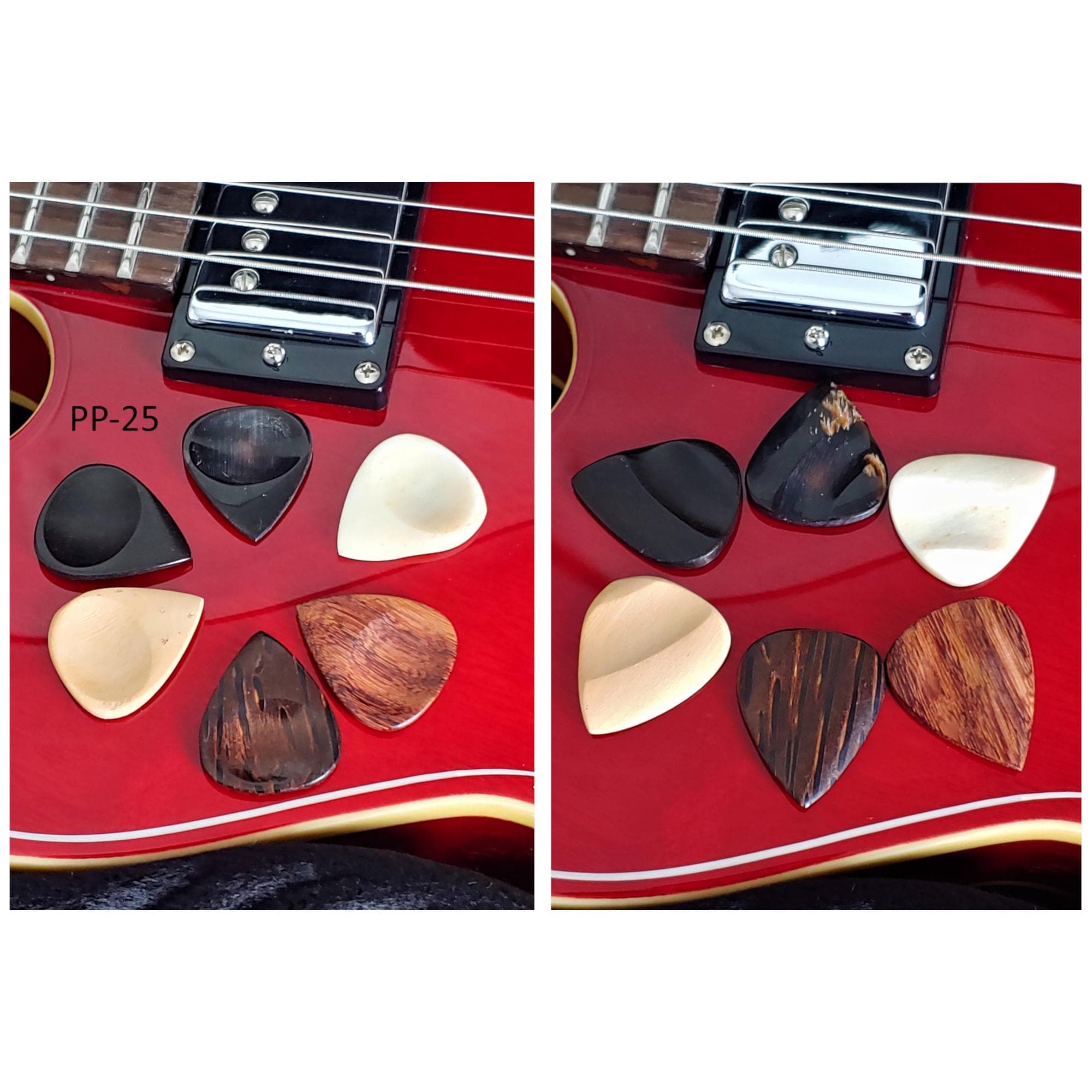 Handmade Guitar Picks: Wood, Bone & Horn - Carved Pick Set of 6