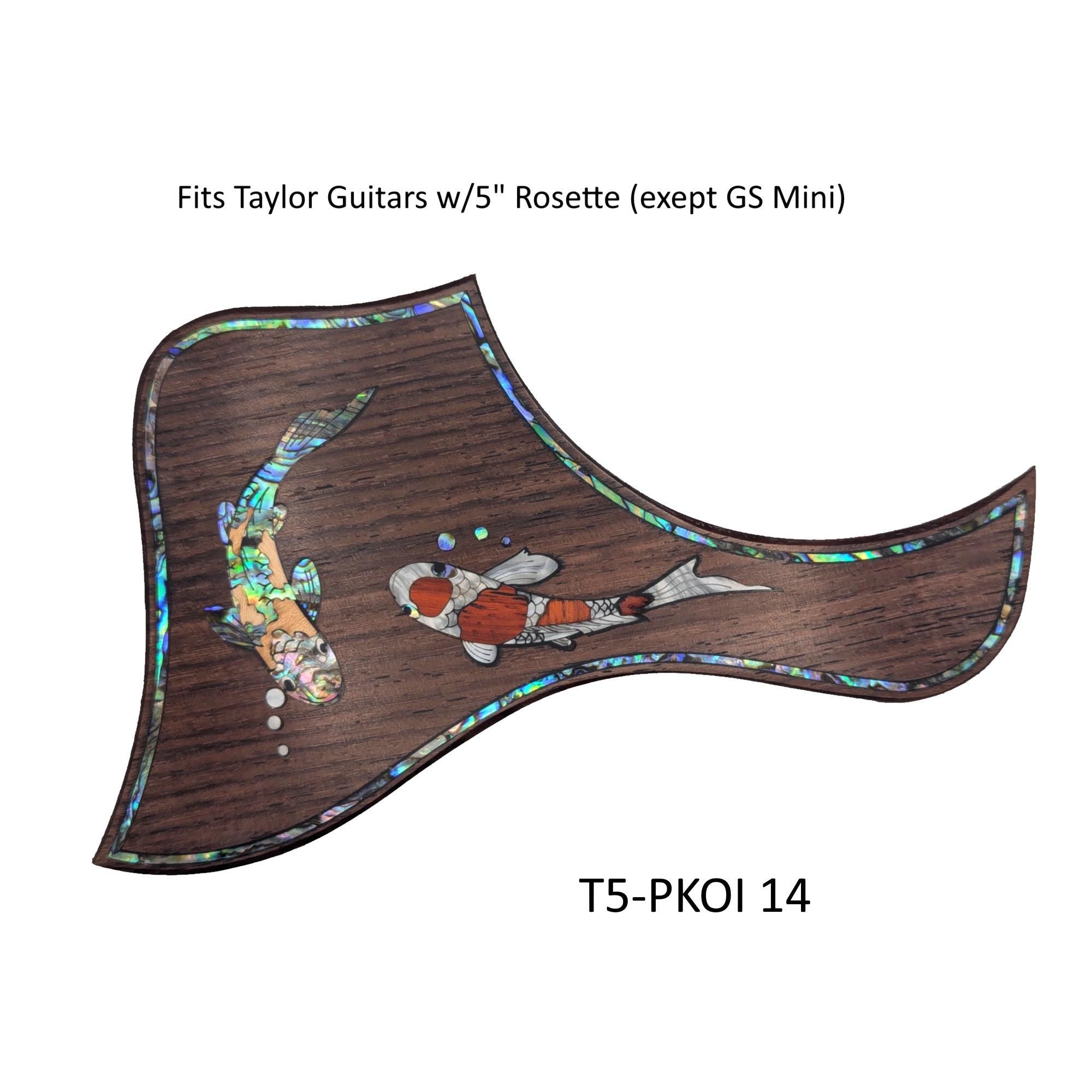 Koi Fish Pickguard for Taylor Guitar: Rosewood, Blue-Green Abalone & White Mother-of-Pearl Inlay
