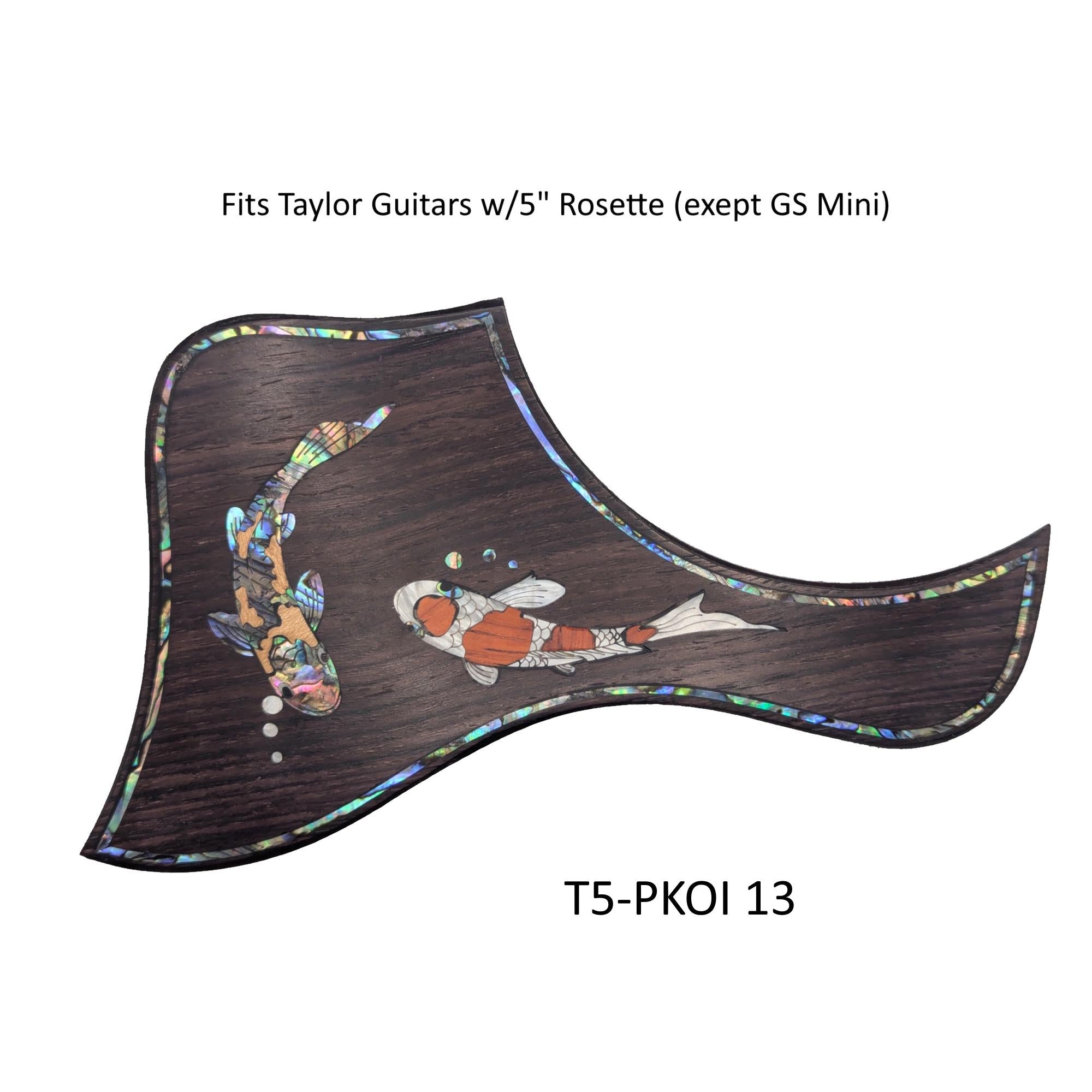 Koi Fish Pickguard for Taylor Guitar: Rosewood, Blue-Green Abalone & White Mother-of-Pearl Inlay