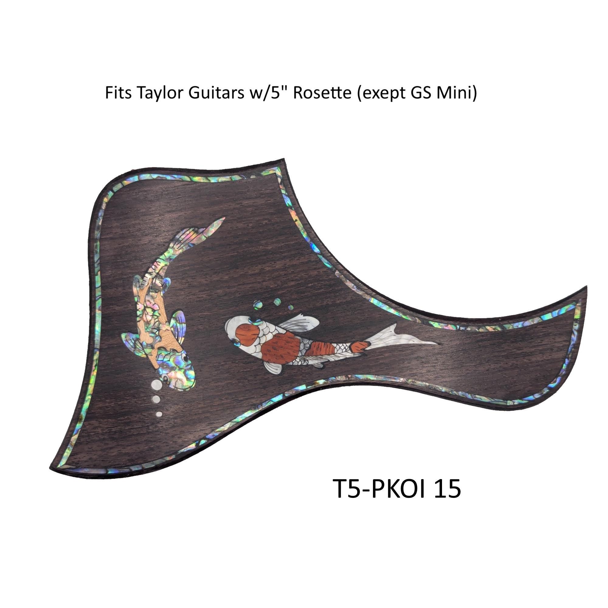 Koi Fish Pickguard for Taylor Guitar: Rosewood, Blue-Green Abalone & White Mother-of-Pearl Inlay