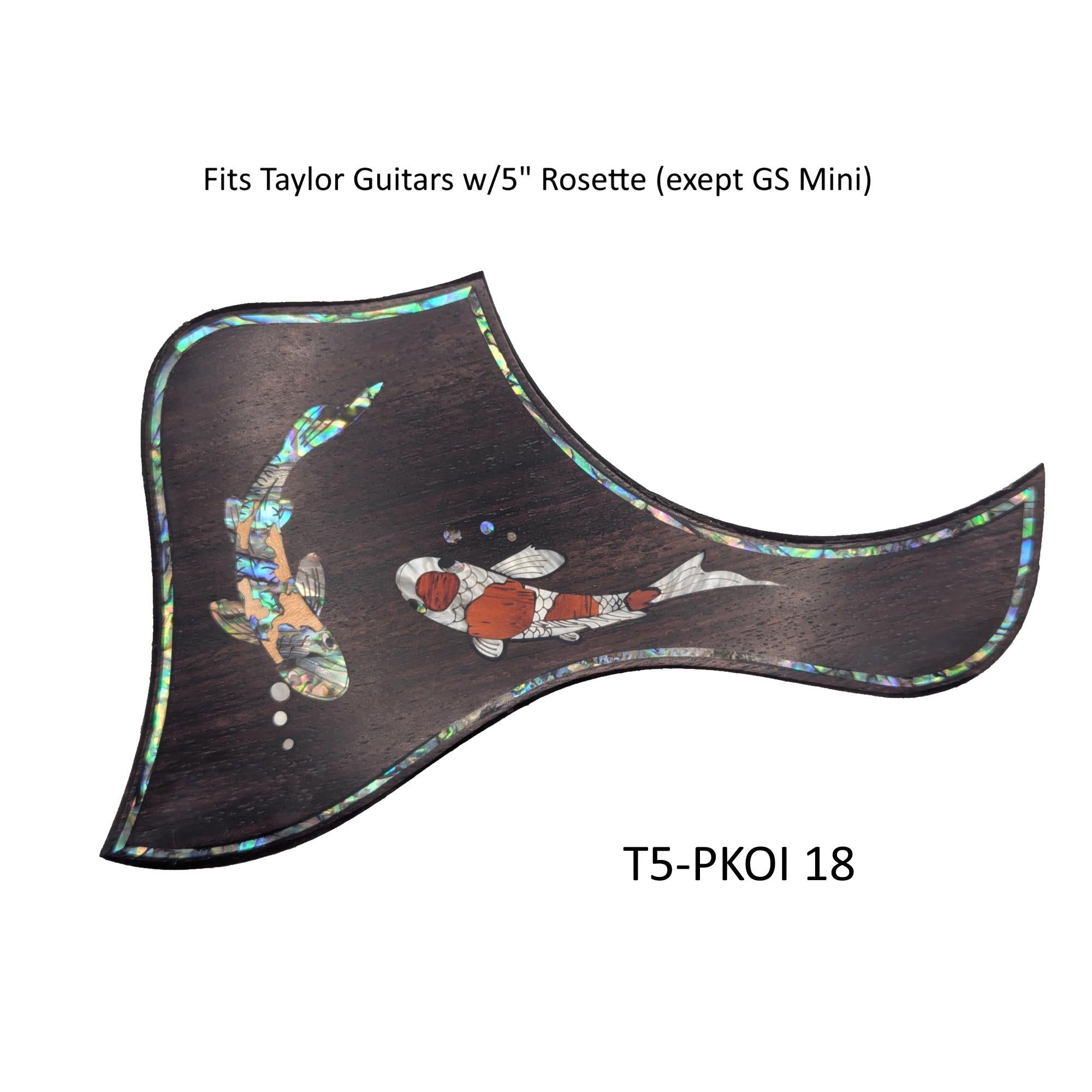 Koi Fish Pickguard for Taylor Guitar: Rosewood, Blue-Green Abalone & White Mother-of-Pearl Inlay