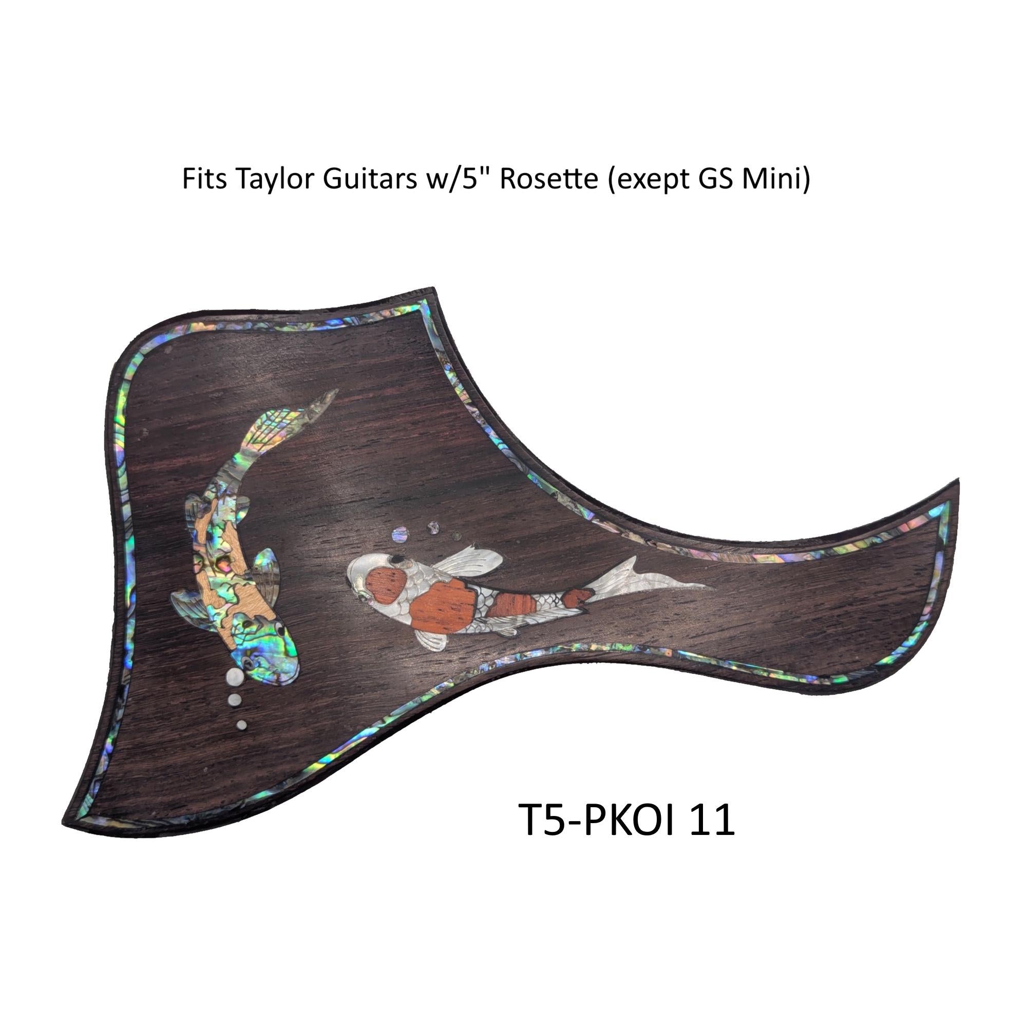 Koi Fish Pickguard for Taylor Guitar: Rosewood, Blue-Green Abalone & White Mother-of-Pearl Inlay