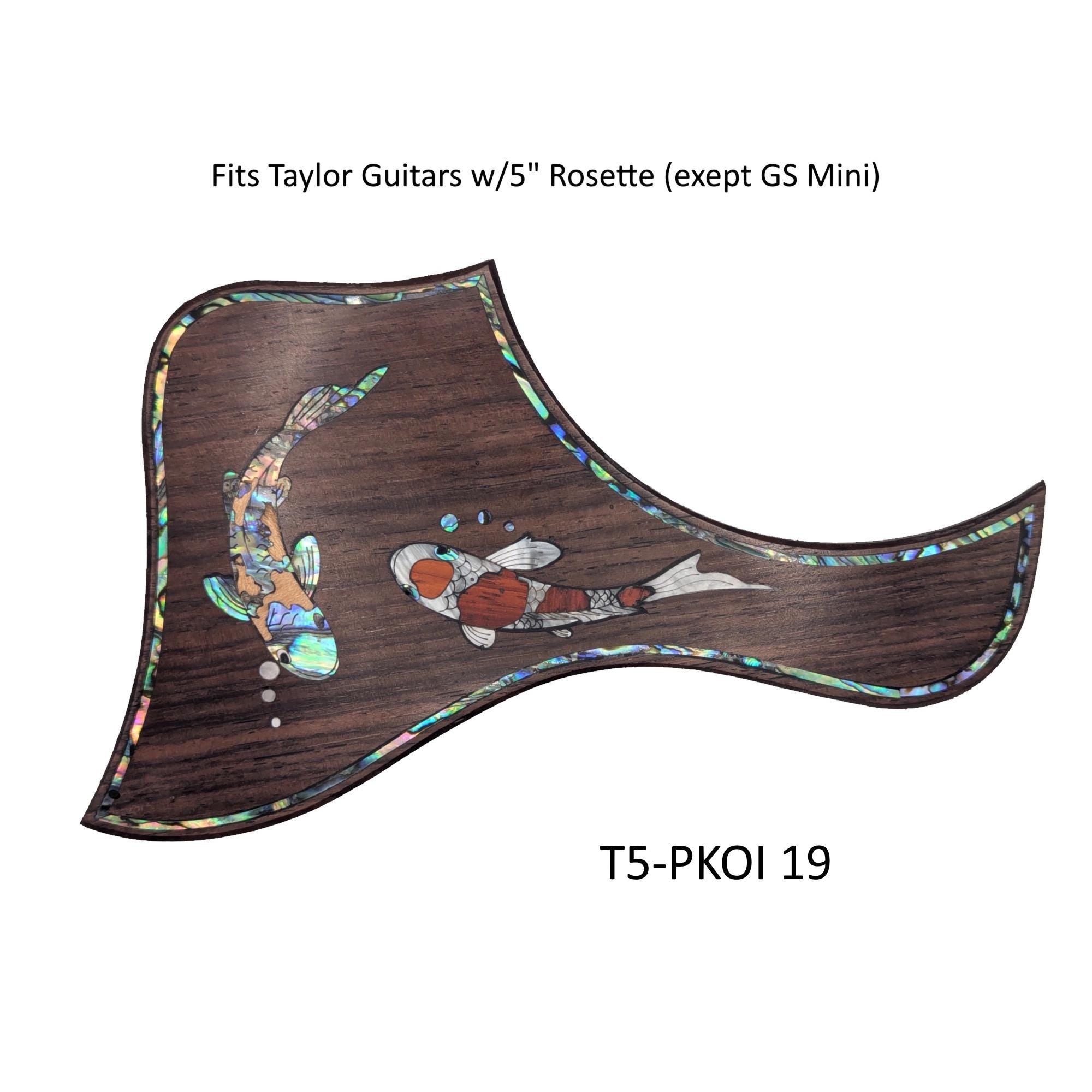 Koi Fish Pickguard for Taylor Guitar: Rosewood, Blue-Green Abalone & White Mother-of-Pearl Inlay