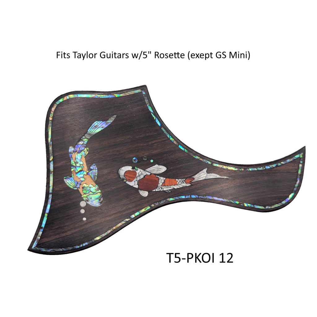 Koi Fish Pickguard for Taylor Guitar: Rosewood, Blue-Green Abalone & White Mother-of-Pearl Inlay