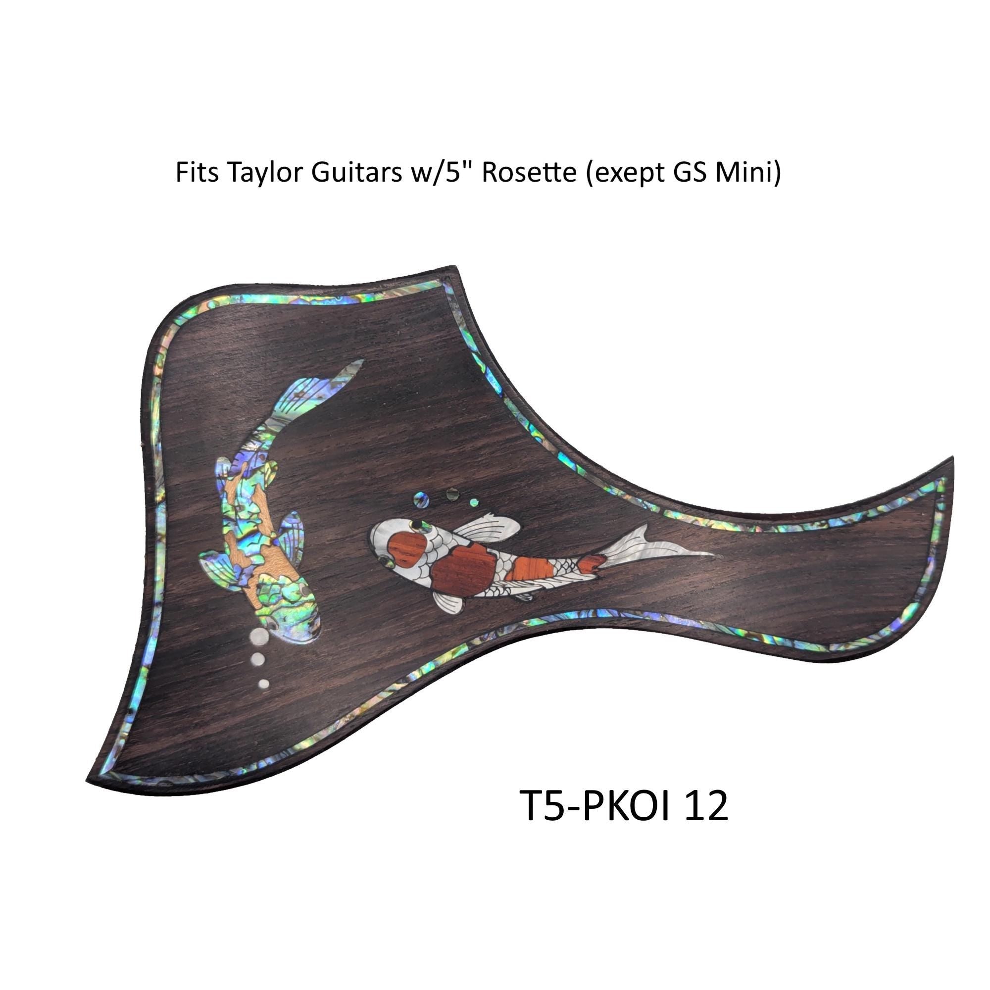 Koi Fish Pickguard for Taylor Guitar: Rosewood, Blue-Green Abalone & White Mother-of-Pearl Inlay