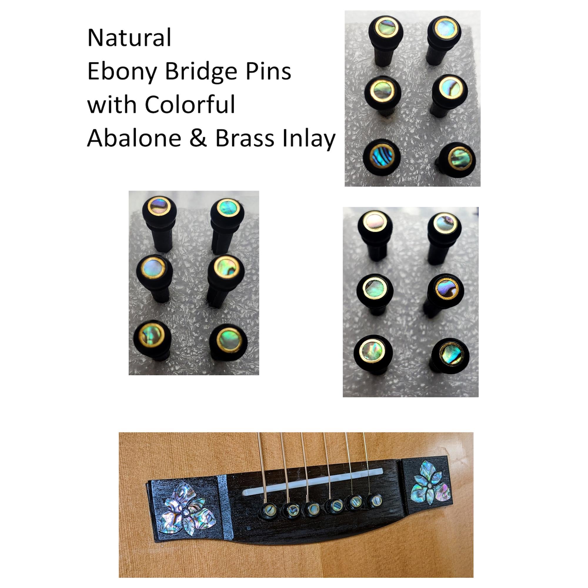 Ebony Bridge Pin Set Abalone Inlay, Acoustic Guitar Upgrade Hardware, Natural Wood Optional Readmer