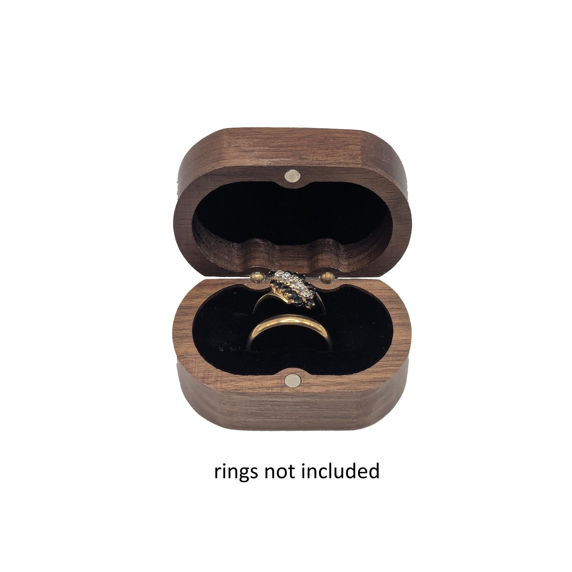 Handcrafted Walnut Double Ring Box – Plush Black Lining, Hidden Brass Hinges