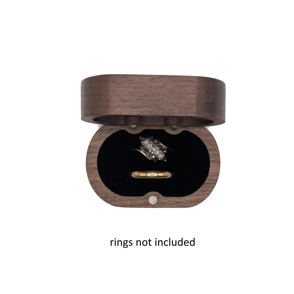 Handcrafted Walnut Double Ring Box – Plush Black Lining, Hidden Brass Hinges