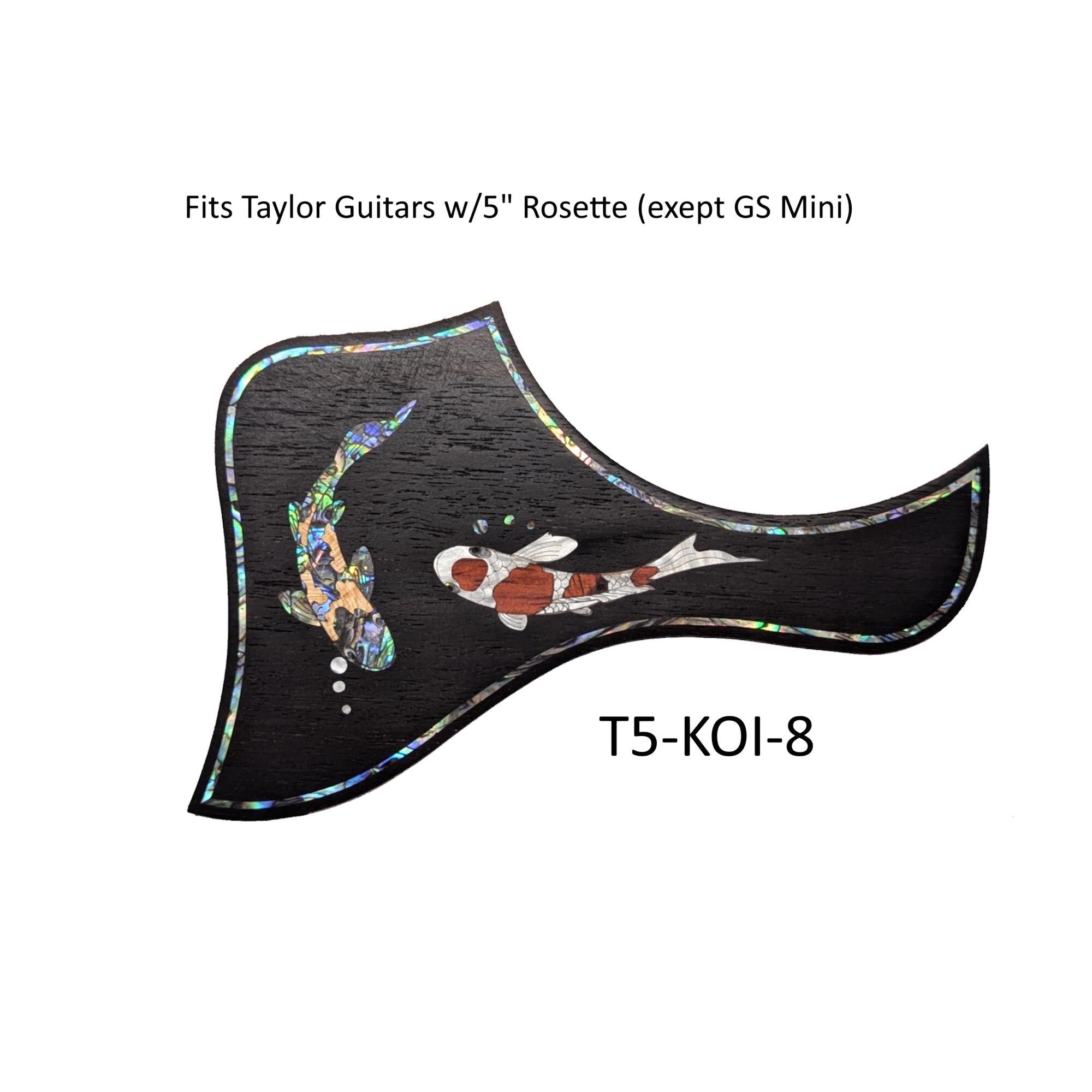 Koi Fish Pickguard for Taylor Guitar: Rosewood, Blue-Green Abalone & White Mother-of-Pearl Inlay
