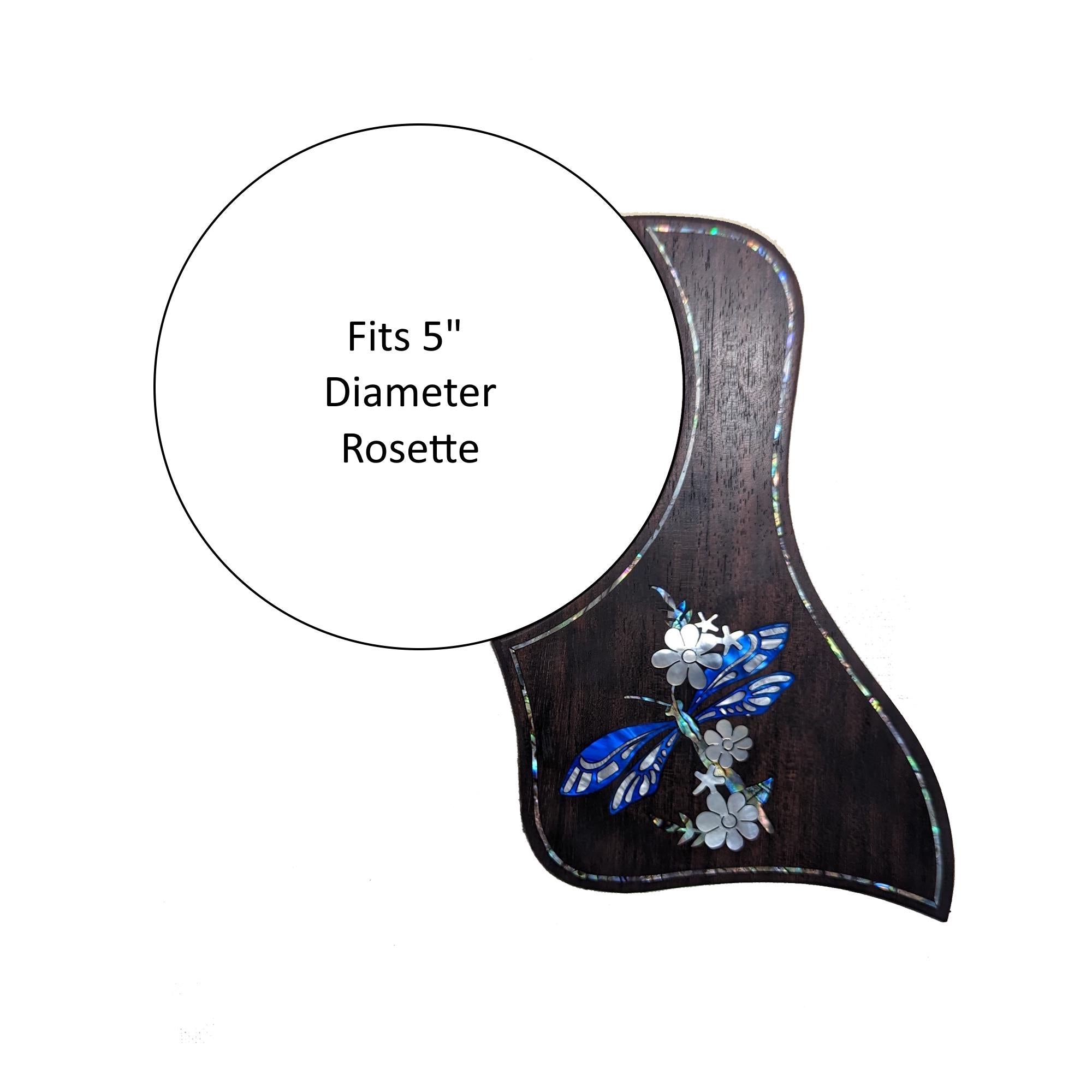 Dragonfly Flower Guitar Pickguard: Mother of Pearl Abalone Rosewood - Fits Taylor Guitars T5