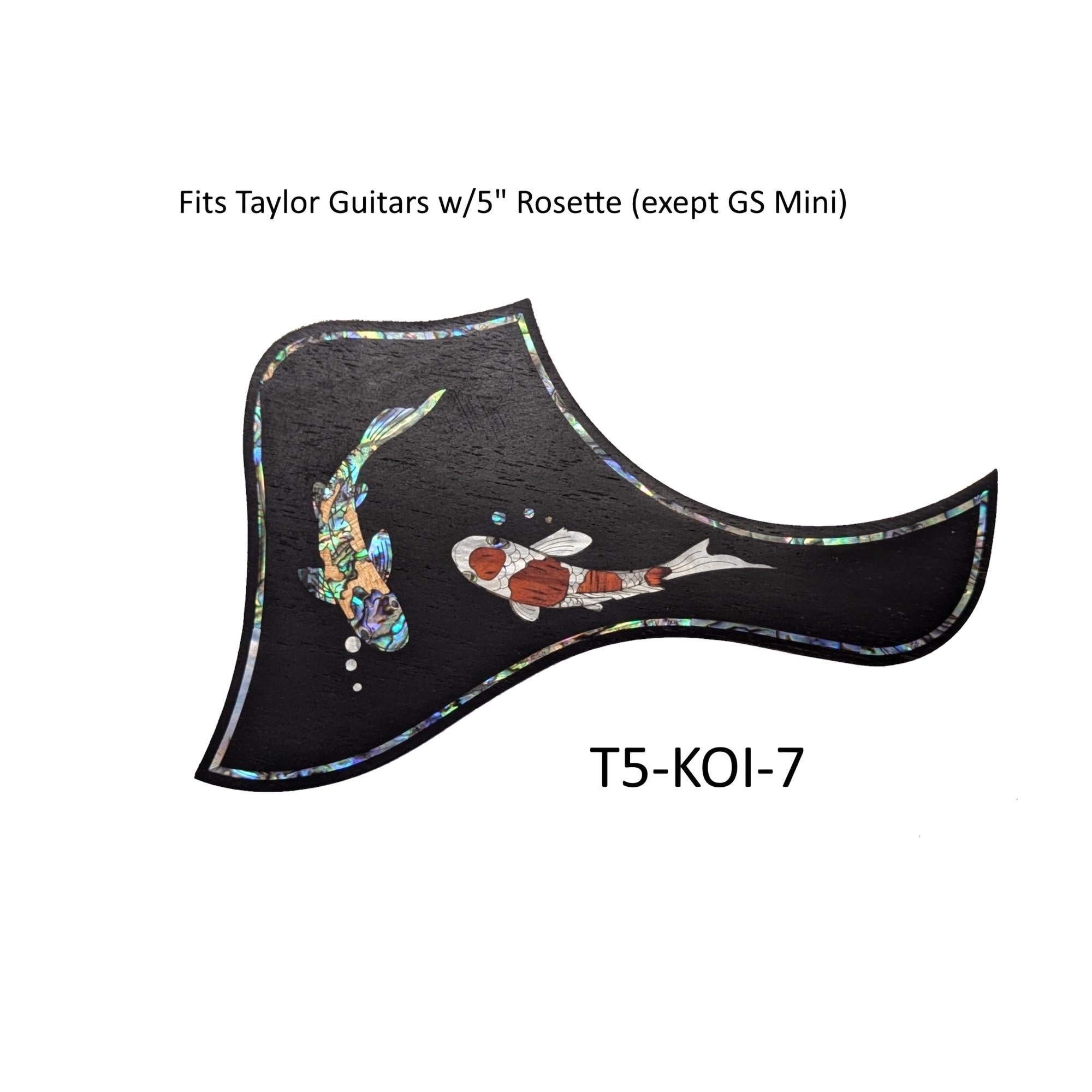 Koi Fish Pickguard for Taylor Guitar: Rosewood, Blue-Green Abalone & White Mother-of-Pearl Inlay