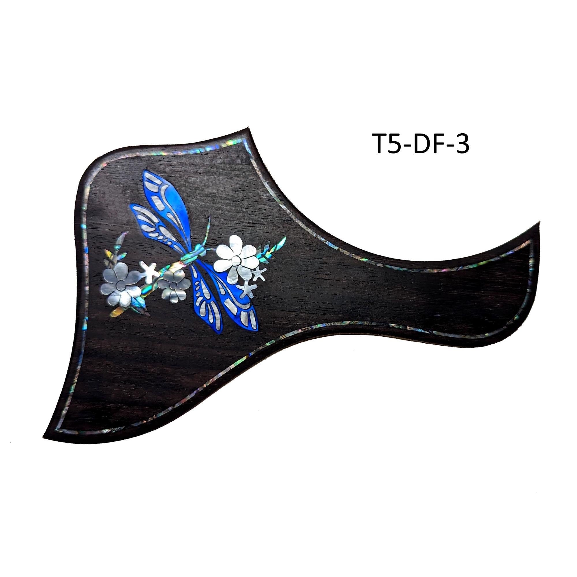 Dragonfly Flower Guitar Pickguard: Mother of Pearl Abalone Rosewood - Fits Taylor Guitars T5