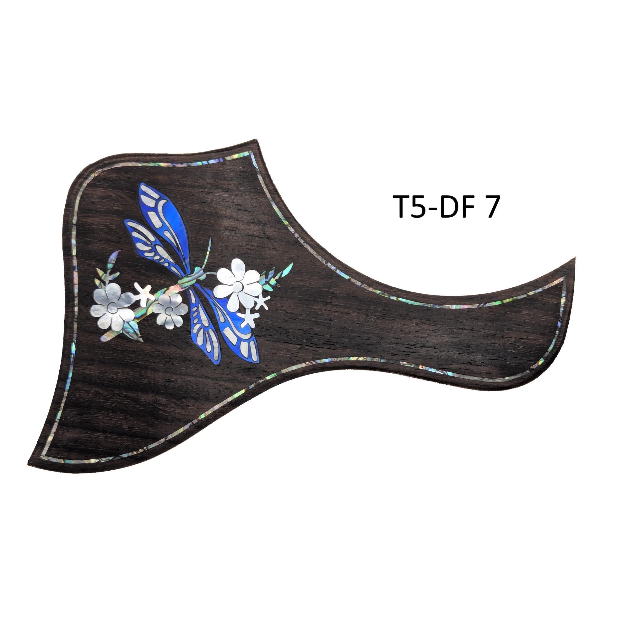 Dragonfly Flower Guitar Pickguard: Mother of Pearl Abalone Rosewood - Fits Taylor Guitars T5