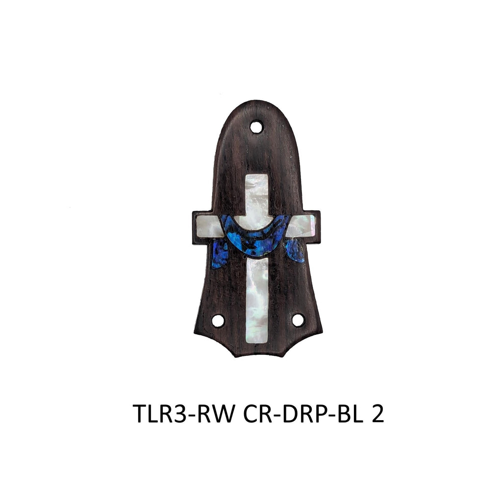 Taylor Guitar Truss Rod Cover – Rosewood or Ebony with Mother of Pearl Cross, Blue Abalone Lenten Drape