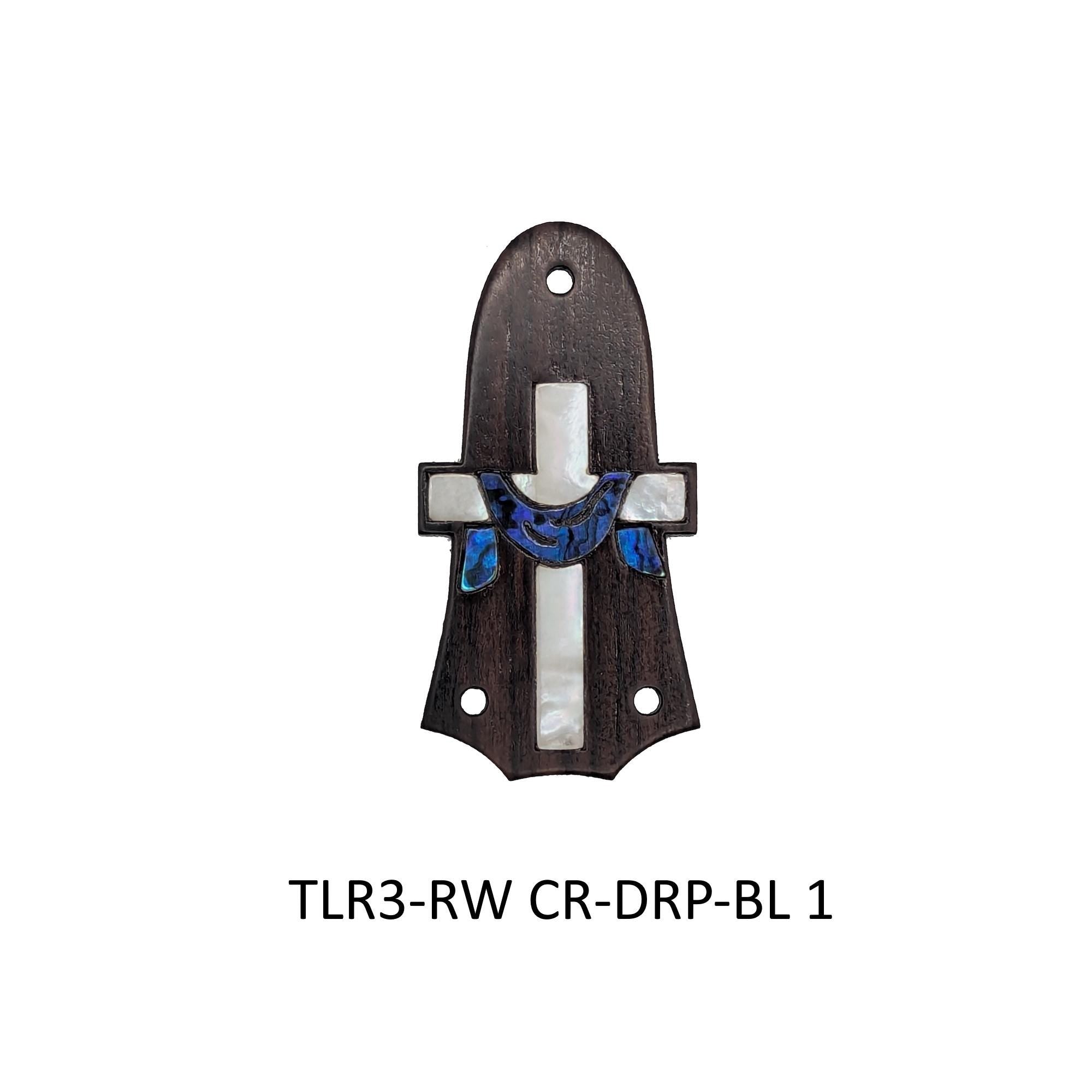 Taylor Guitar Truss Rod Cover – Rosewood or Ebony with Mother of Pearl Cross, Blue Abalone Lenten Drape